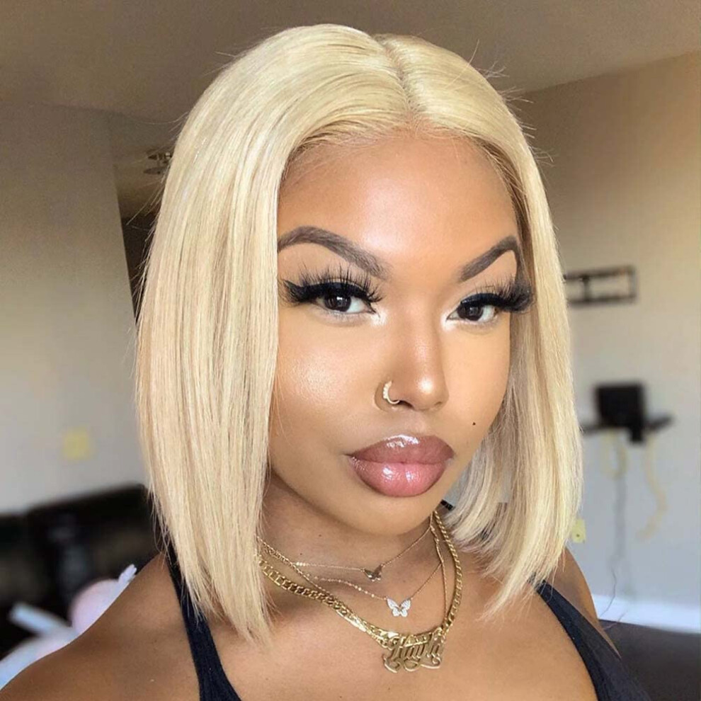 613 Blonde Bob Wig Human Hair Lace Front 14 Inch Straight Pre Plucked with Baby Hair