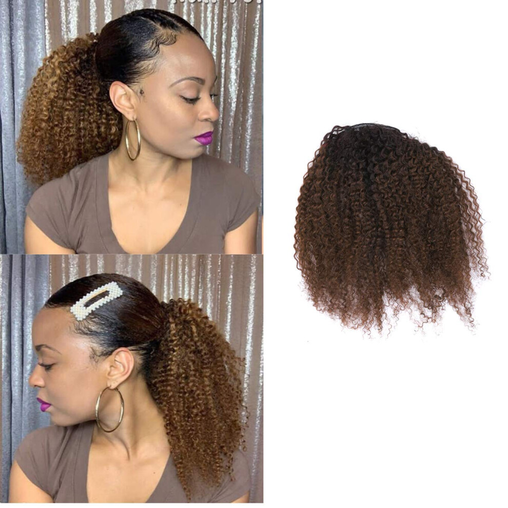 Unisex Brown Afro Kinky Curly Human Hair Ponytail Extension Ombre Remy Drawstring Clipin 16 Inch