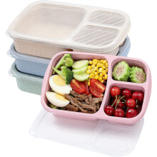 4er-Pack Bento-Lunchbox-Set, 3-Fächer-Weizenstroh-Vorratsdosen, Kunststoff, mikrowellen- und spülmaschinenfest (3 Fächer)