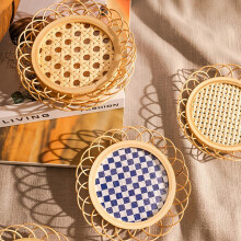 Posavasos de bambú y ratán rústicos vintage tejidos a mano, manteles individuales para bebidas y mesas, posavasos retro con forma de flor,
