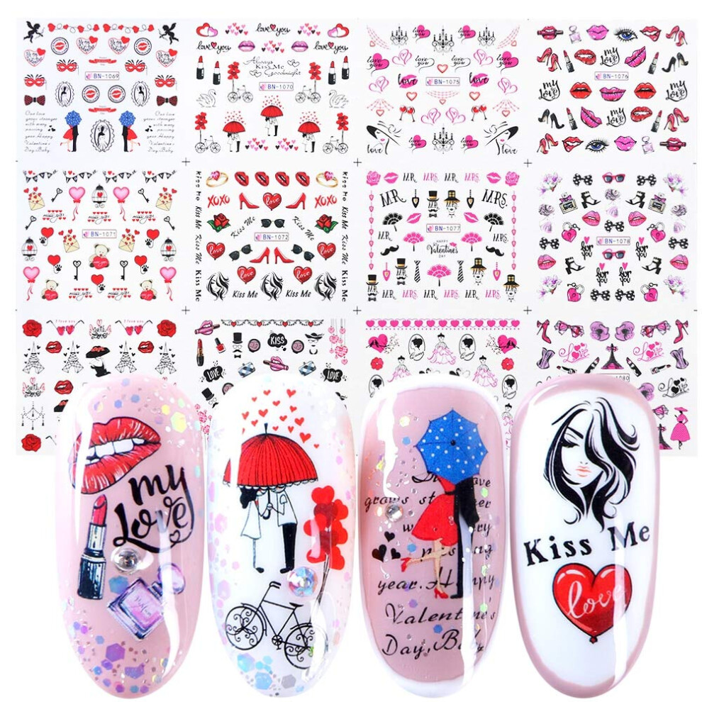 12pcs Valentine's Day Nail Stickers Water Transfer Decals with Hearts Flowers Lips Designs