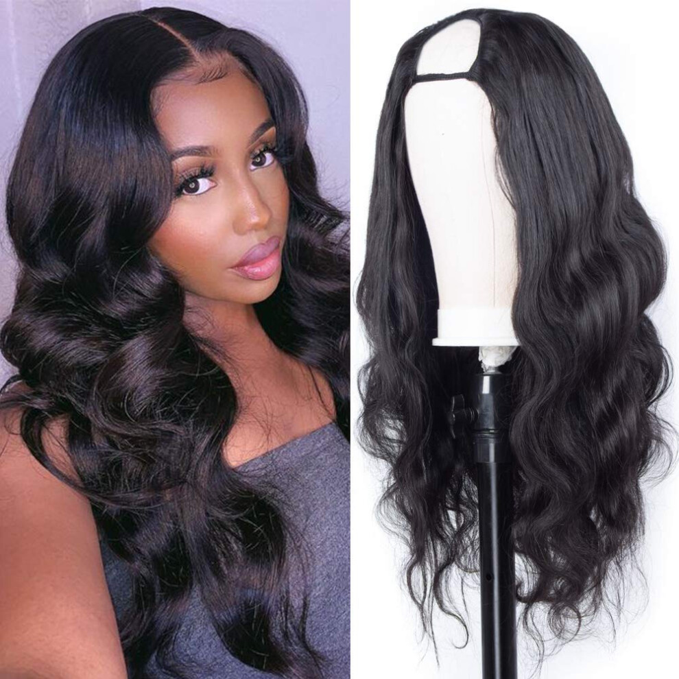 U Part Wig Human Hair 180% Density Brazilian Body Wave Natural Black for Women 16 Inch
