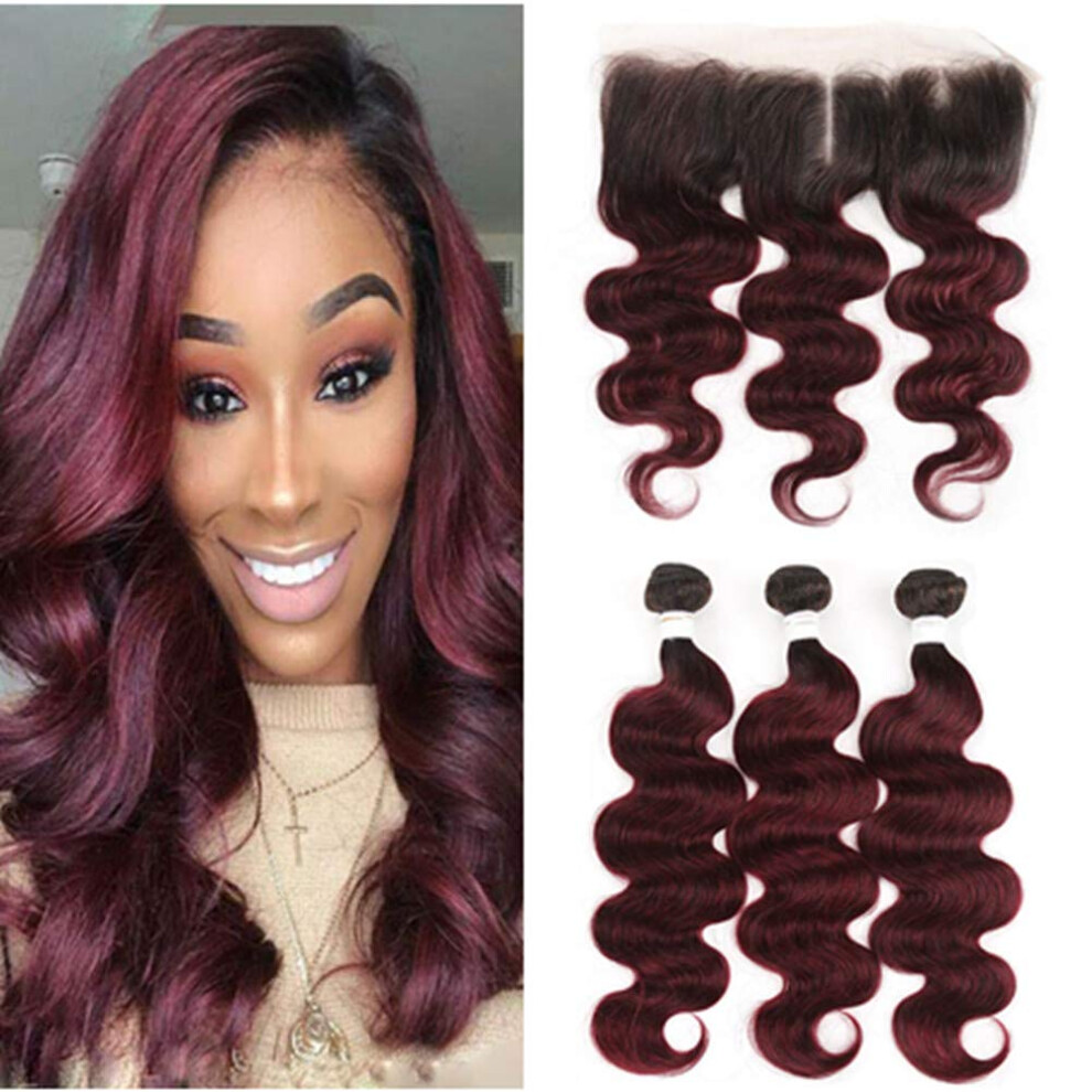 Brazilian Body Wave Human Hair Weave Bundles Burgundy Ombre Virgin Hair with Frontal Closure Set