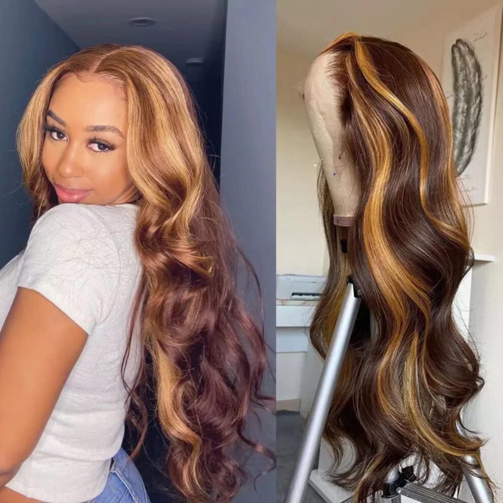 Unisex 4/27 Honey Blonde Lace Front Wig 28 Inch Ombre Highlight Brazilian Human Hair 13X4 Body Wave Pre Plucked