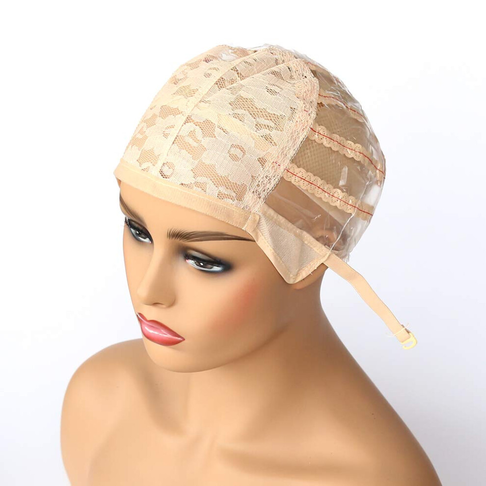 Beige Lace Wig Cap with Adjustable Strap Breathable Mesh Medium Size for Women DIY Wig Making 2pcs
