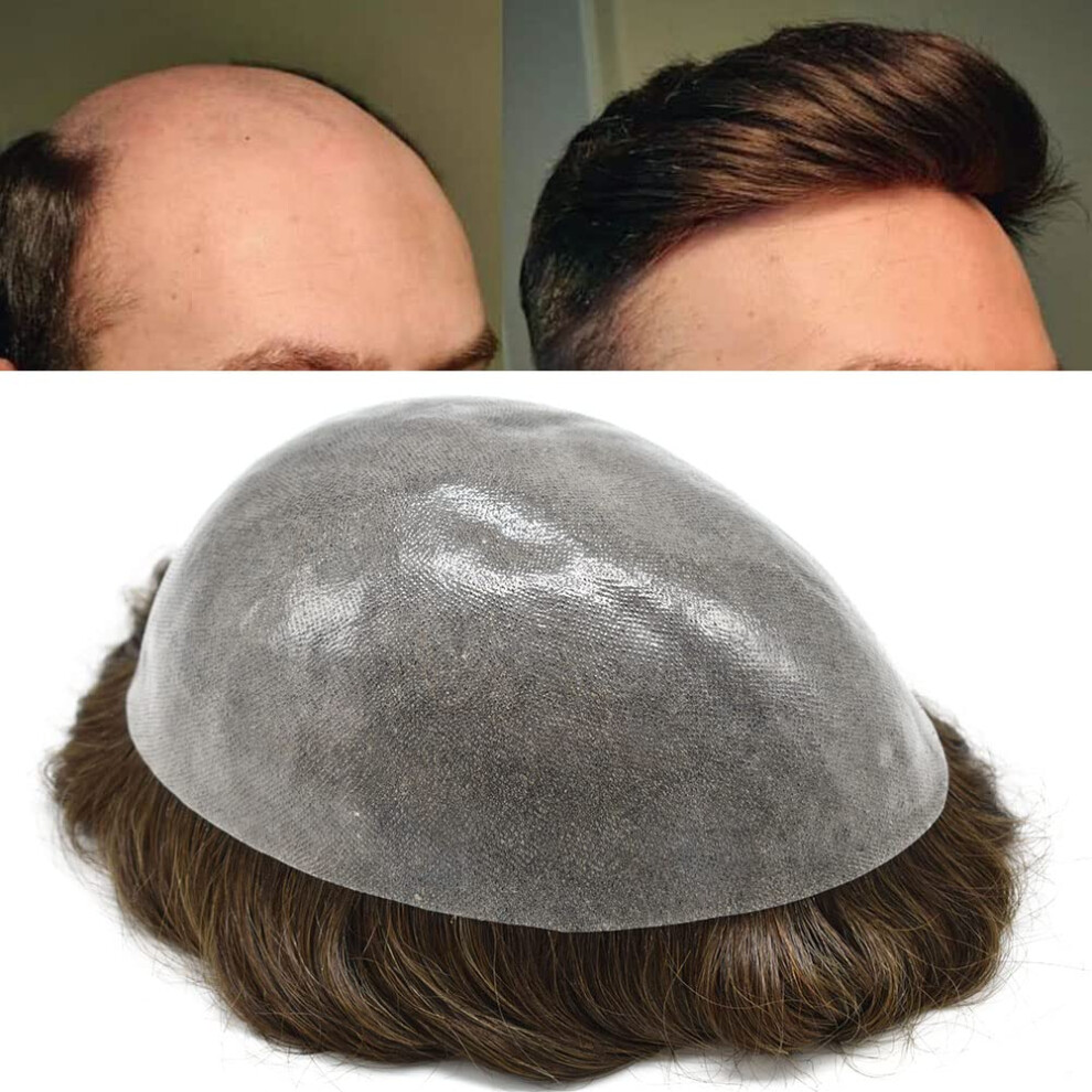 Mens Hairpiece Thin Skin Human Hair Toupee 8x10 Medium Brown Natural Look Low Shedding Wig