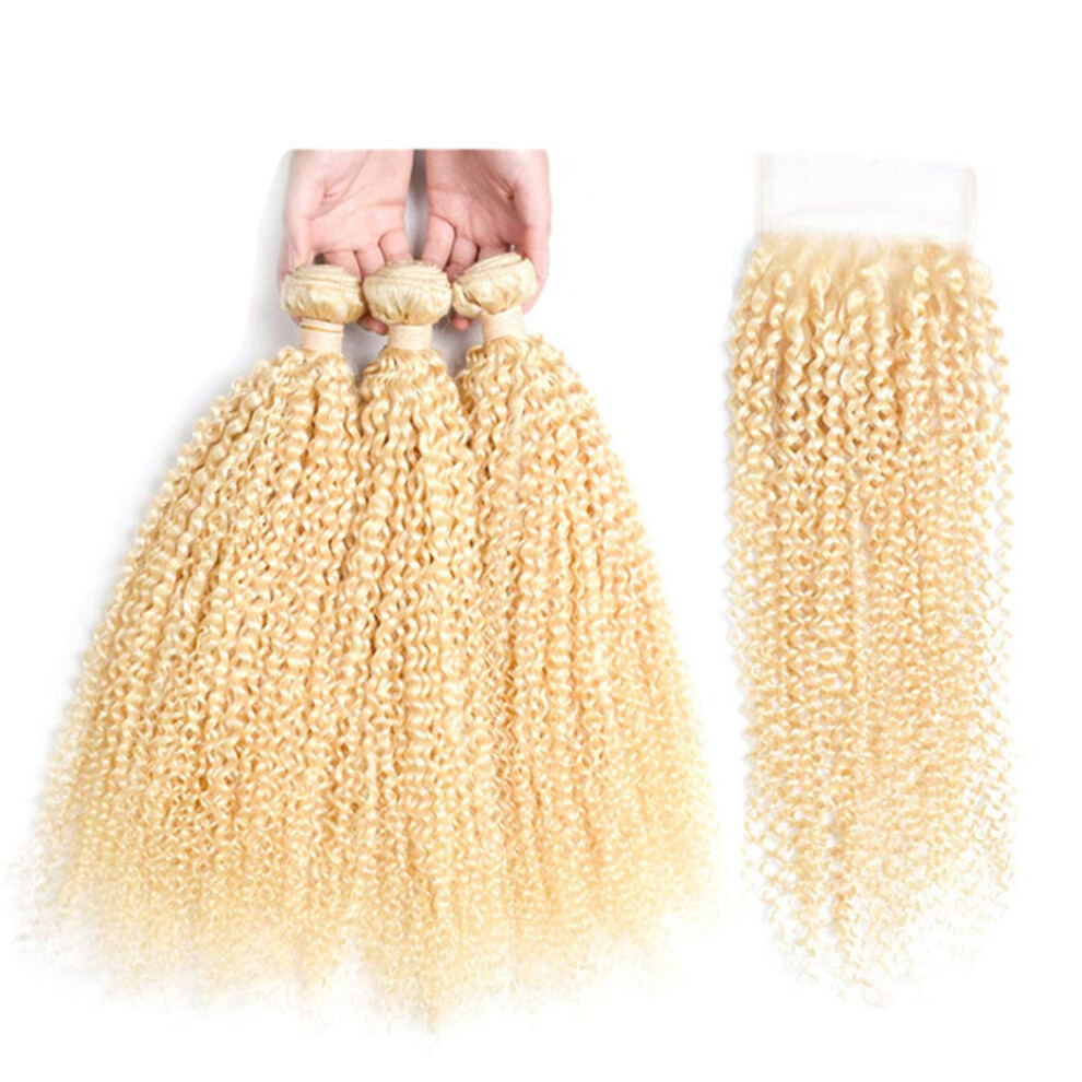 Unisex 613 Kinky Curly Human Hair Bundles With 4X4 Lace Closure 24 Inch Blonde Virgin Extensions