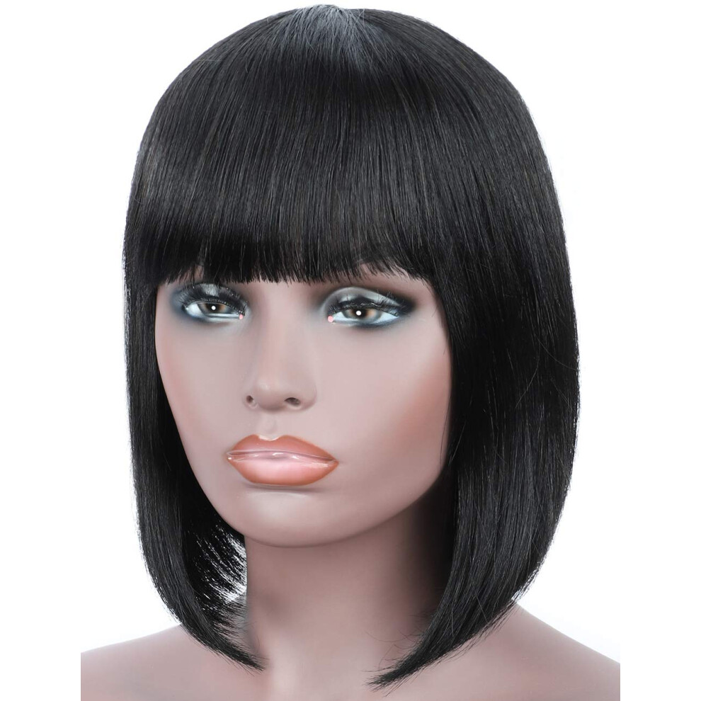 Human Hair Bob Wig with Bangs 10 Inch Black Brazilian Remy for Women Straight Cut Natural