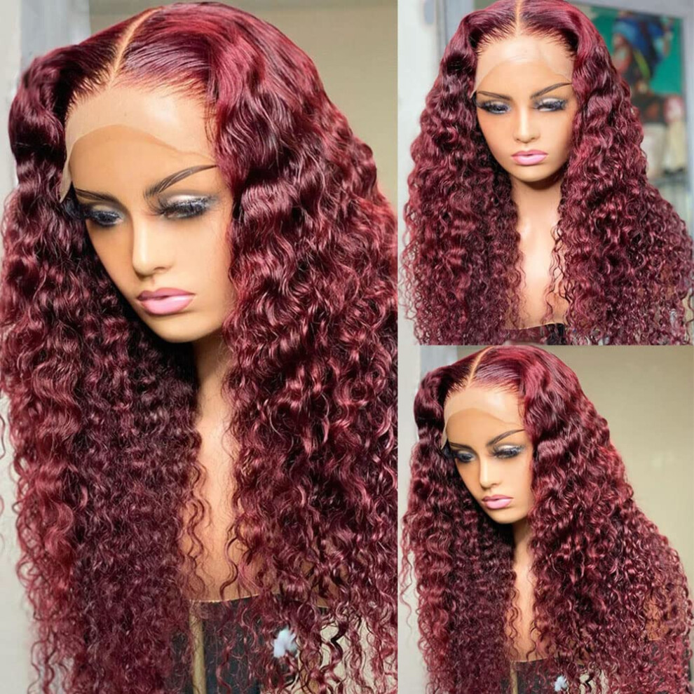 99J Burgundy HD Lace Front Wig 14 Inch Pre Plucked Brazilian Virgin Human Hair 150% Density Curly Wave Glueless Natural Hairline