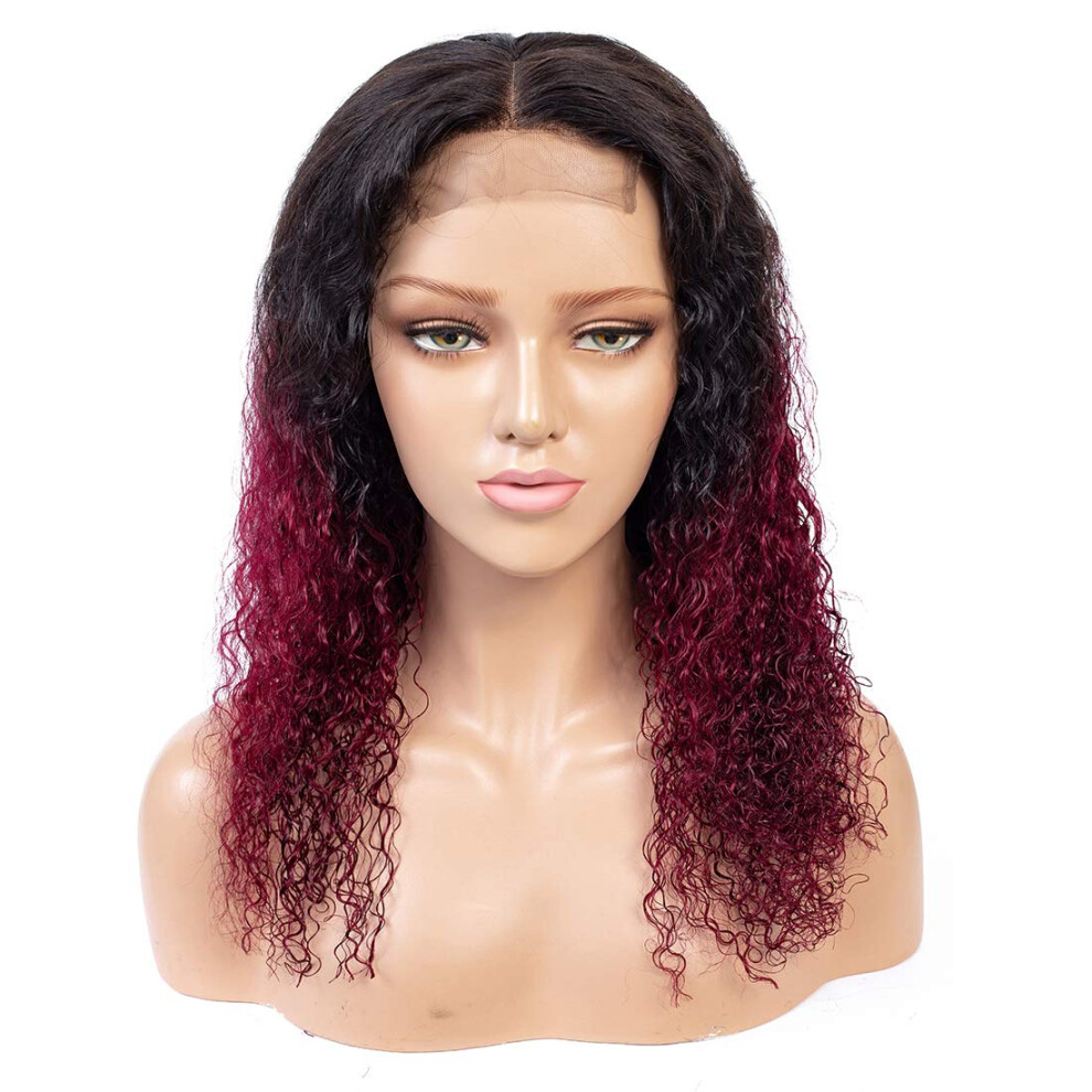 Unisex Red Ombre Burgundy Lace Front Wig Brazilian Virgin Human Hair 1B Kinky Curly 4X4 Closure 180% Density