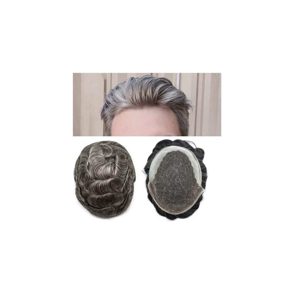 Unisex Brown,Grey Mens Toupee Swiss Lace Front 8X10 Medium Brown Grey Remy Human Hair Hairpiece Natural Hairline
