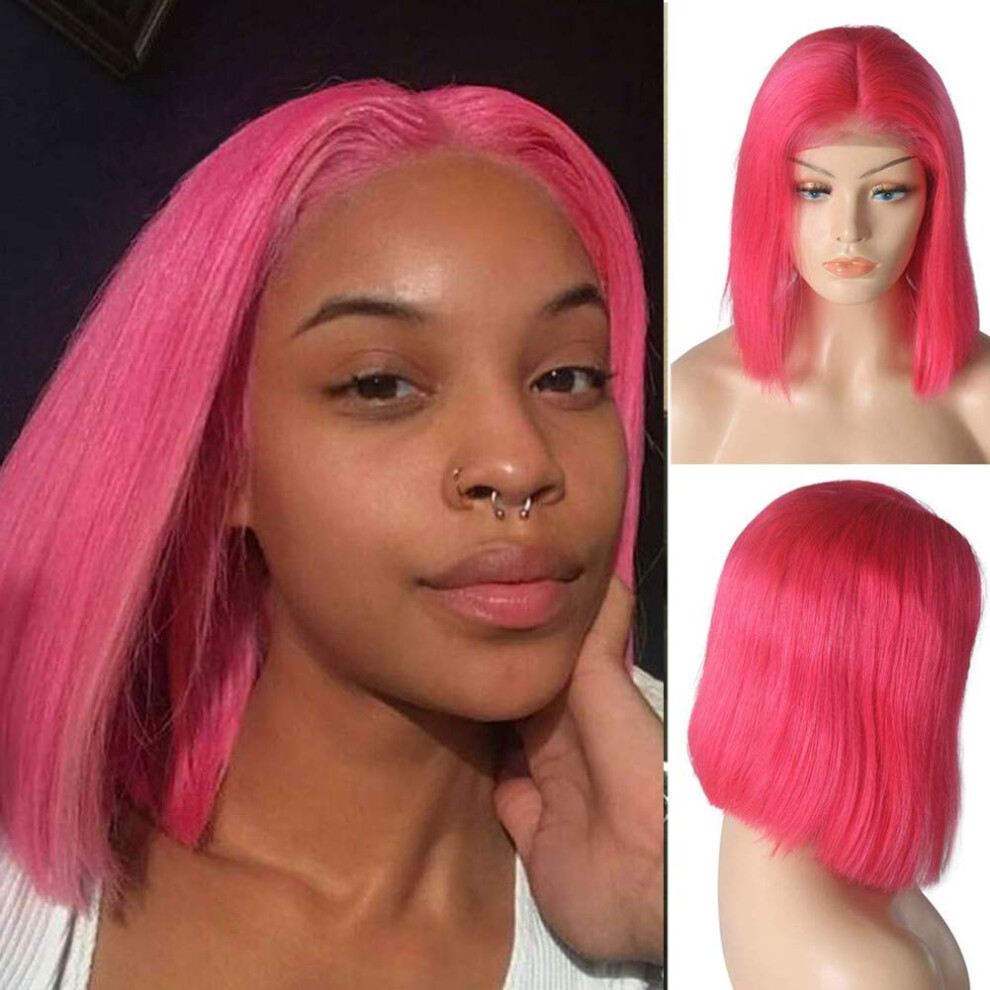 Unisex Pink Hot 13X4 Lace Front Human Hair Bob Wig Glueless Brazilian Virgin Hair With Baby Hair 10 Inch