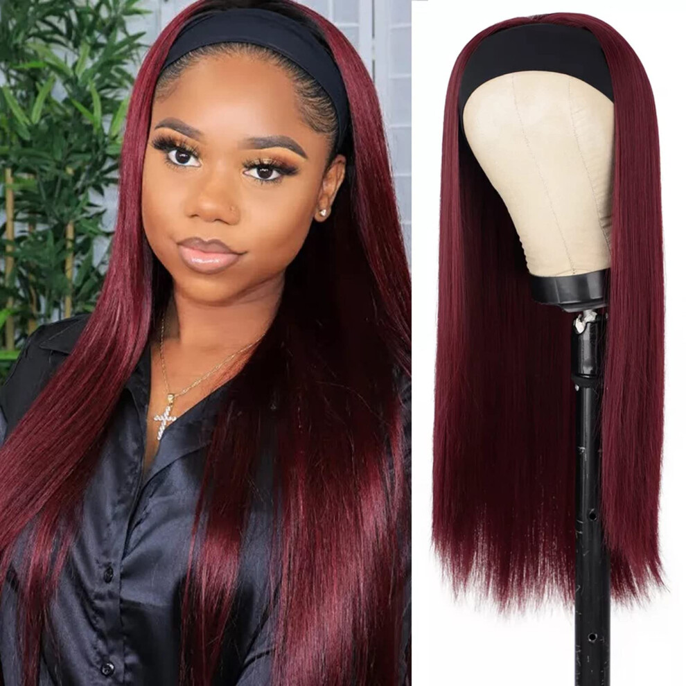 Unisex Red 26 Inch Burgundy Ombre Straight Headband Wig Human Hair, Beginner Friendly Glueless Virgin Wig