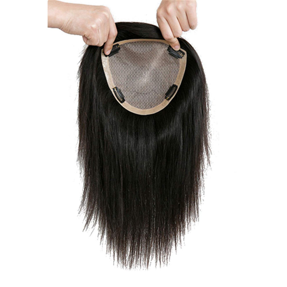 Unisex Brown Human Hair Crown Topper With Silk Base For Thinning Hair, 12' Light With Clips