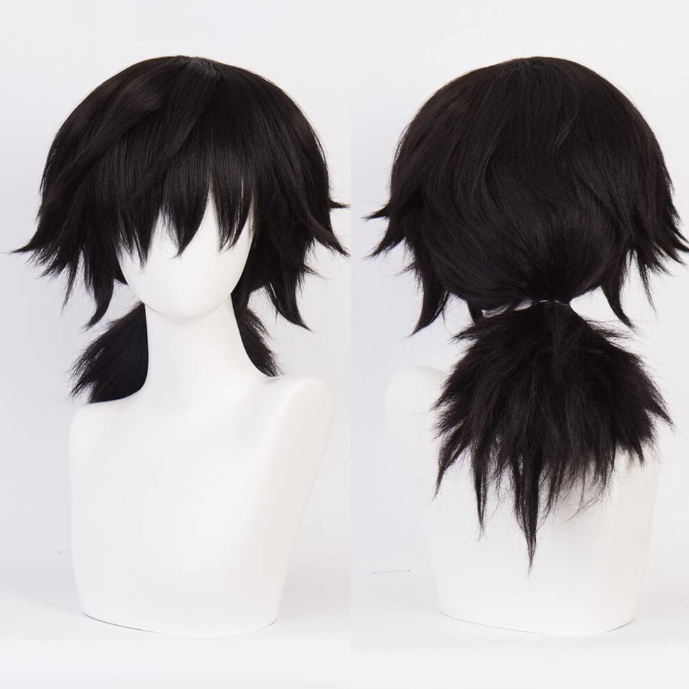Anime Cosplay Wig Tomioka Giyuu Long Black Ponytail Heat Resistant Adjustable Fit for Halloween