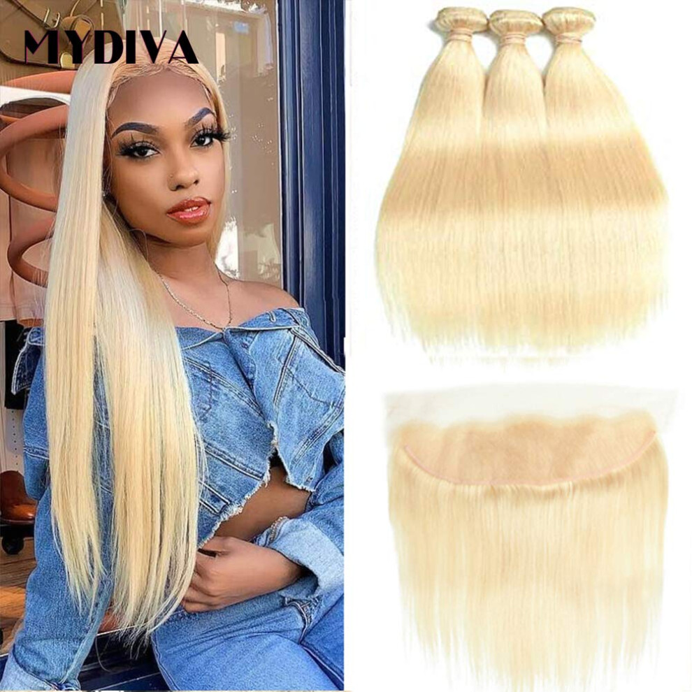 Unisex 613 Blonde Human Hair Bundles With 13X4 Lace Frontal, Brazilian Virgin Straight Weave Extensions