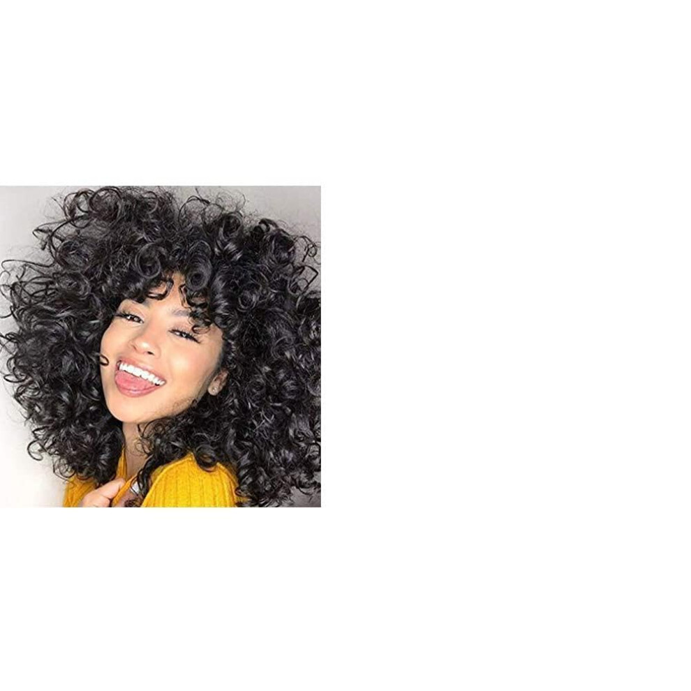 Unisex Black 2Pcs Short Curly Wig With Bangs For Women Synthetic Heatresistant Hairpieces