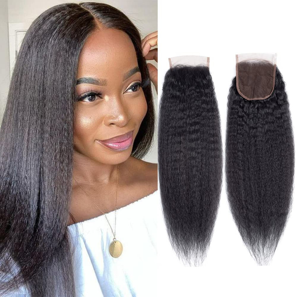 Unisex Brazilian Virgin Kinky Straight Lace Closure 4X4 Unprocessed Human Hair 130% Density Natural Color 14 Inch