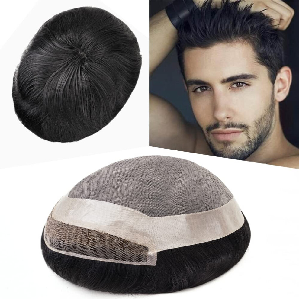 Unisex Black Men's Hair Toupee Jet Fine Mono Lace Pu Perimeter Hair Replacement System With Invisible Hairline