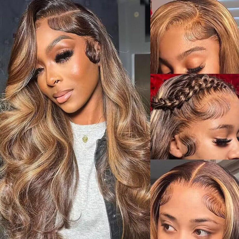 Unisex 24 Inch Highlight Ombre Body Wave Human Hair Lace Front Wig 13X4 Hd Pre Plucked Glueless 180% Density Natural Hairline