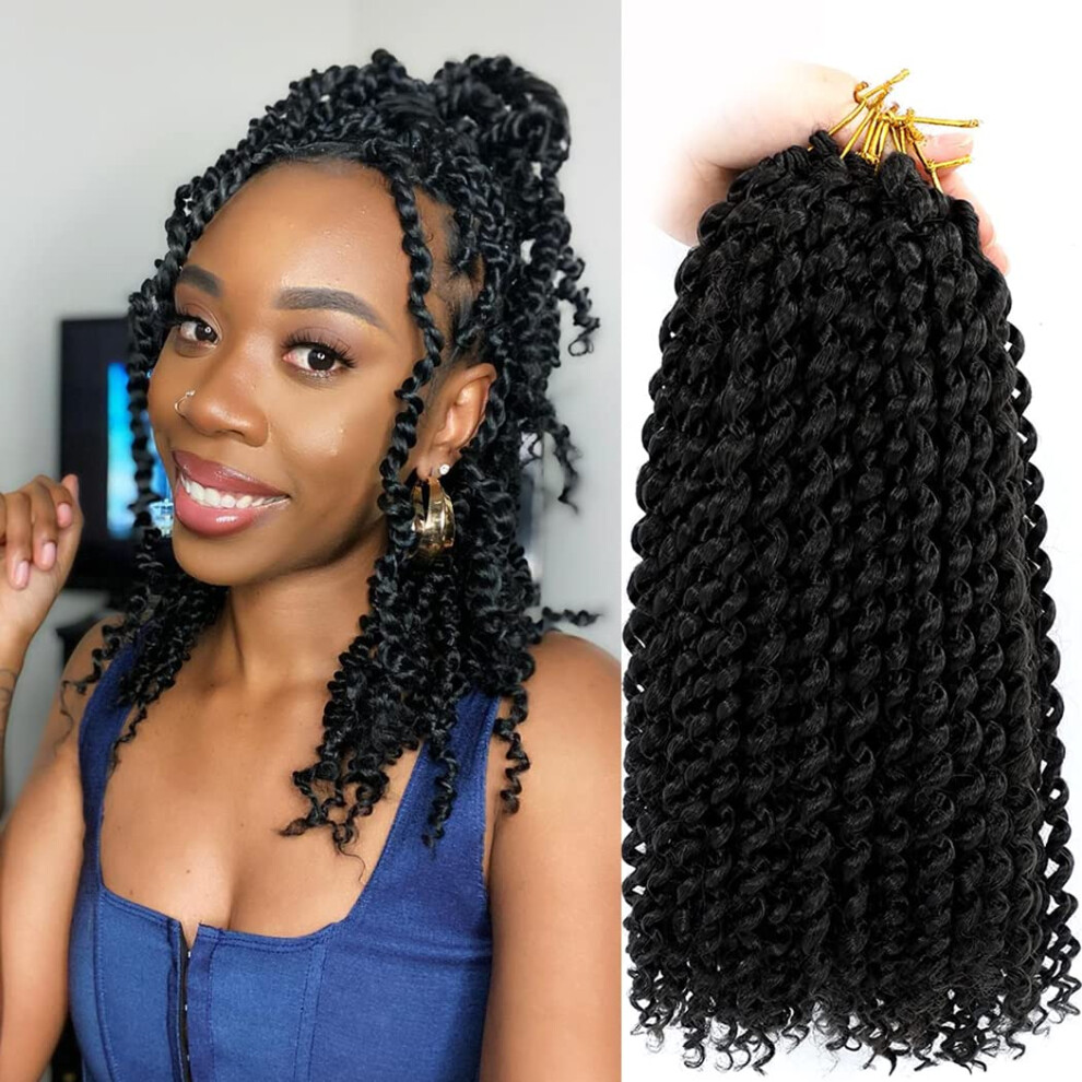 Unisex Black 12 Inch Passion Twist Hair Crochet Braids For Women, Fluffy Water Wave Pretwisted Synthetic Extensions 6 Packs (1B)