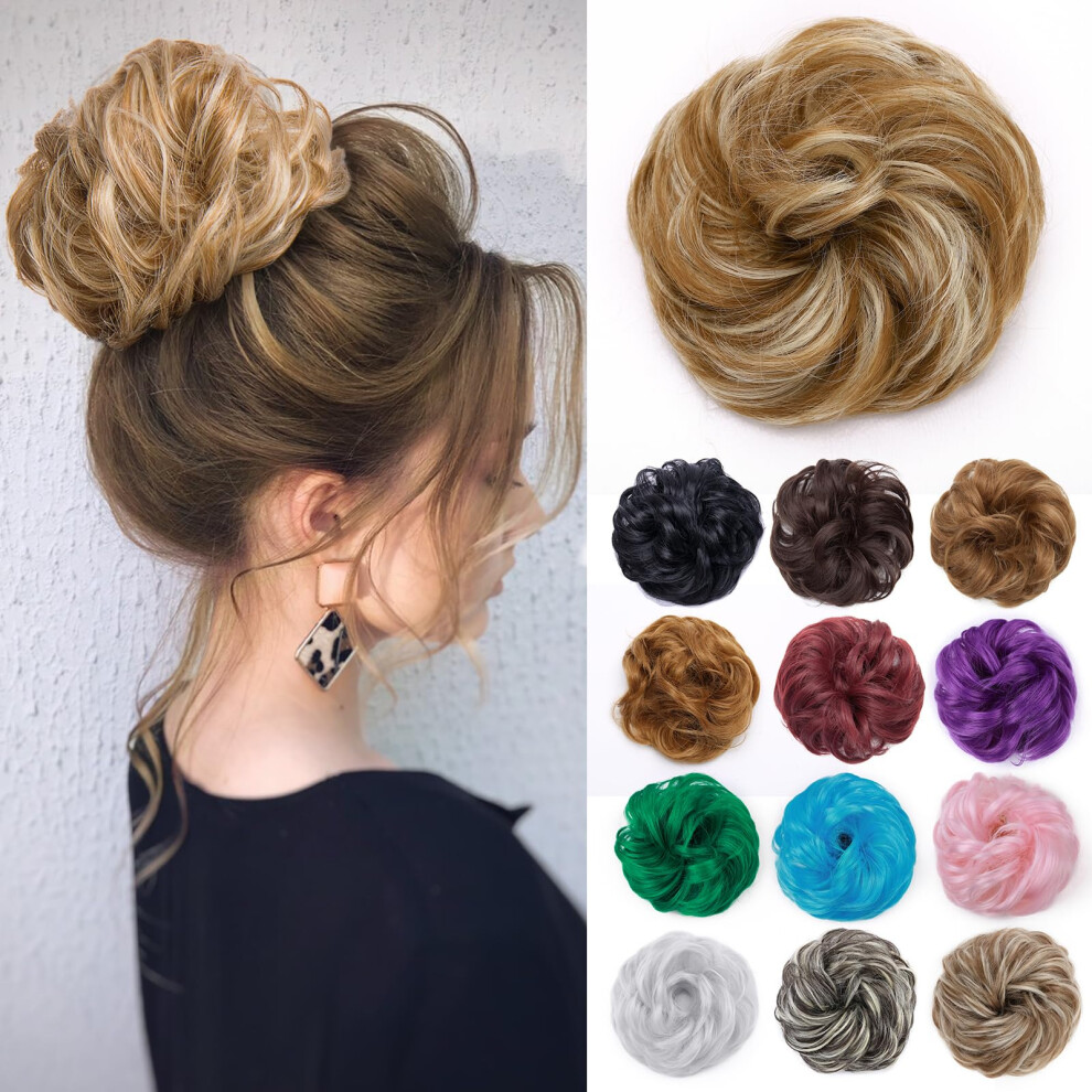 Unisex Brown Messy Bun Hair Piece Light Ash And Blonde, Thick Synthetic Hair Bun Extension 2Pcs 70G