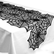 Loppuunmyynti! EQWLJWE71" x18" Halloween-pöytäliina, musta hämähäkinverkkoa ja polyesteripitsiä illallispöydän koristeluun