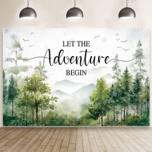 Babyshower-baggrund med eventyr venter, lad eventyret begynde, festbanner med vildmarksbjerge, grøn skov, fotorekvisitter