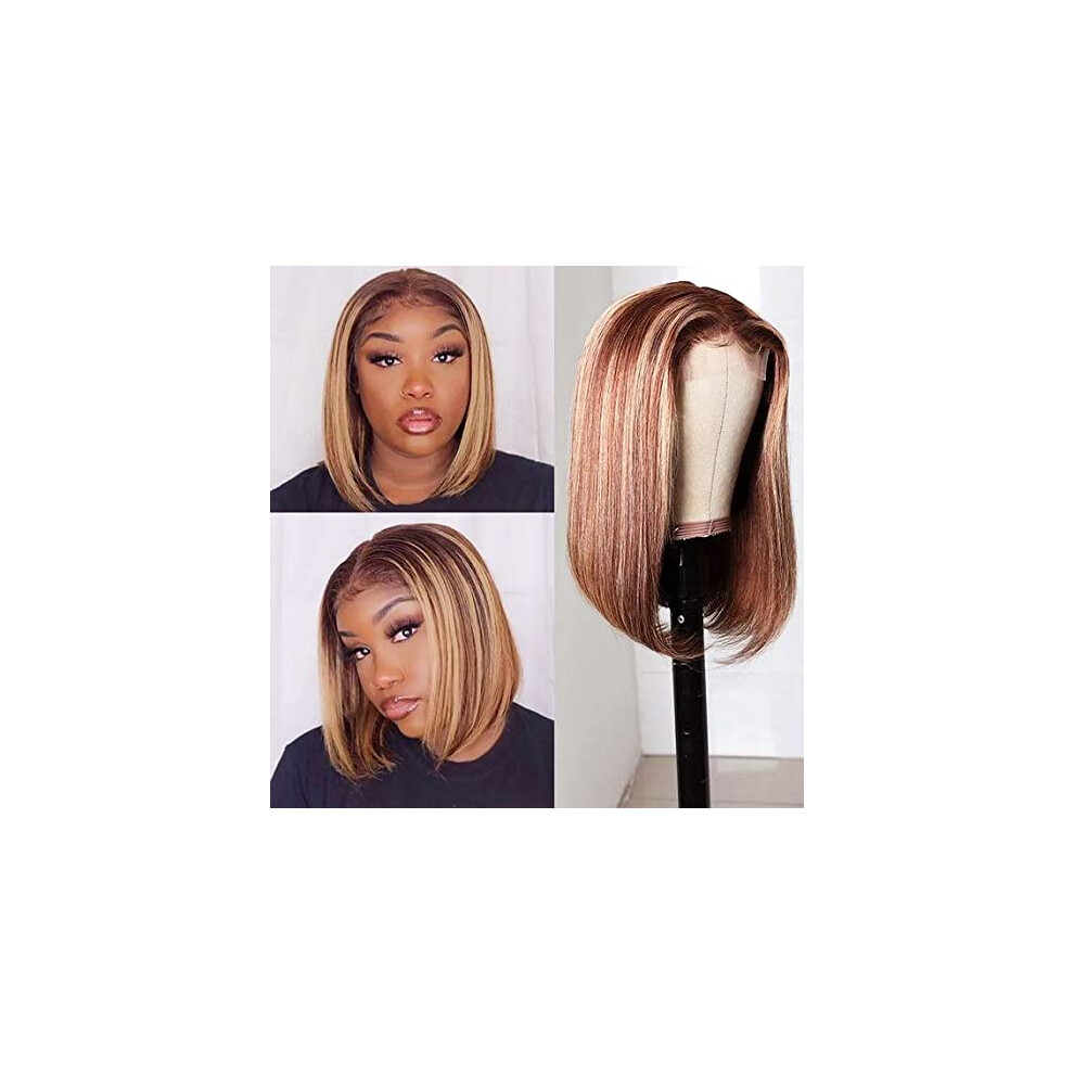 Unisex Black Ombre Blonde Lace Front Bob Wig Human Hair 14 Inch Â Natural Hairline, Glue, For Women