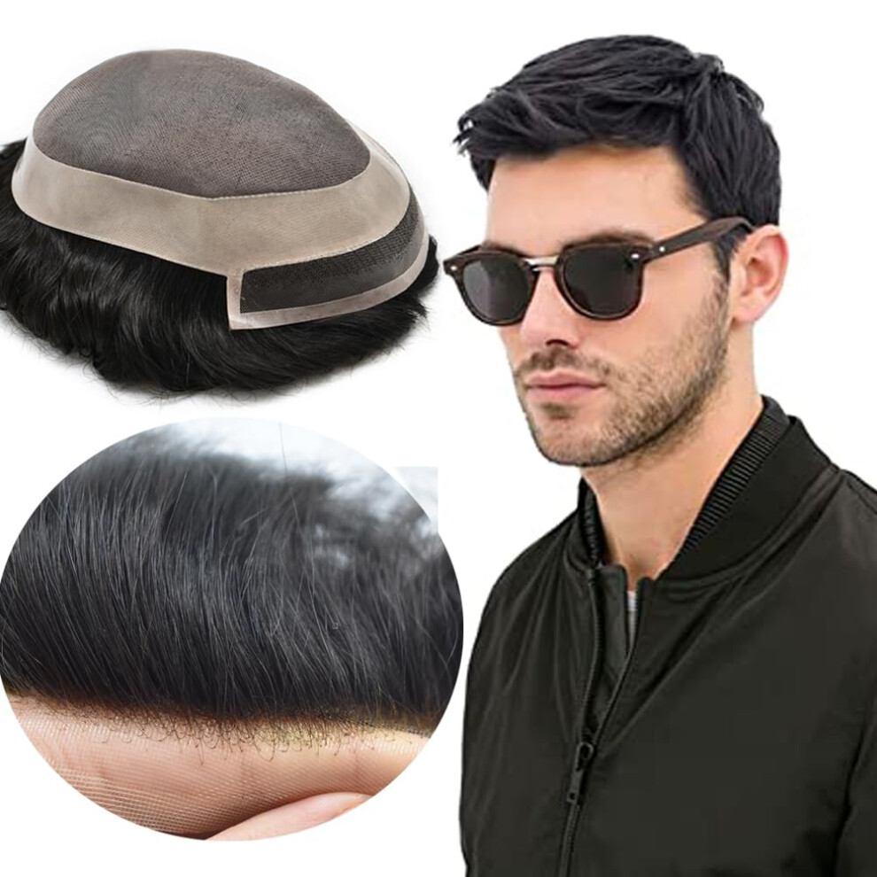 Unisex Black Mens Toupee Human Hair Hairpiece Natural Hairline Mono Base Wig 10X7in 1B 120 Density