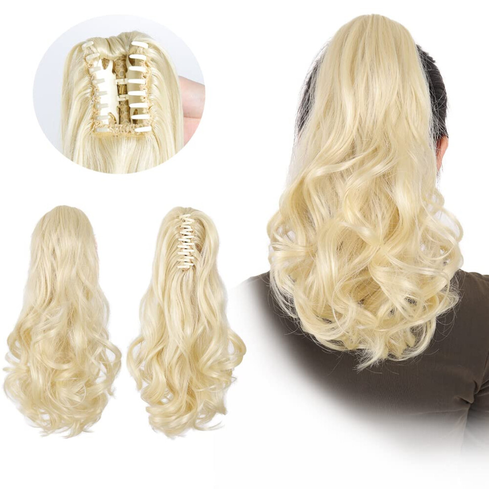 Unisex Bleach Blonde Clip In Ponytail Extension 16 Inch Wavy Curly Hairpiece With Secure Claw Clip For Women