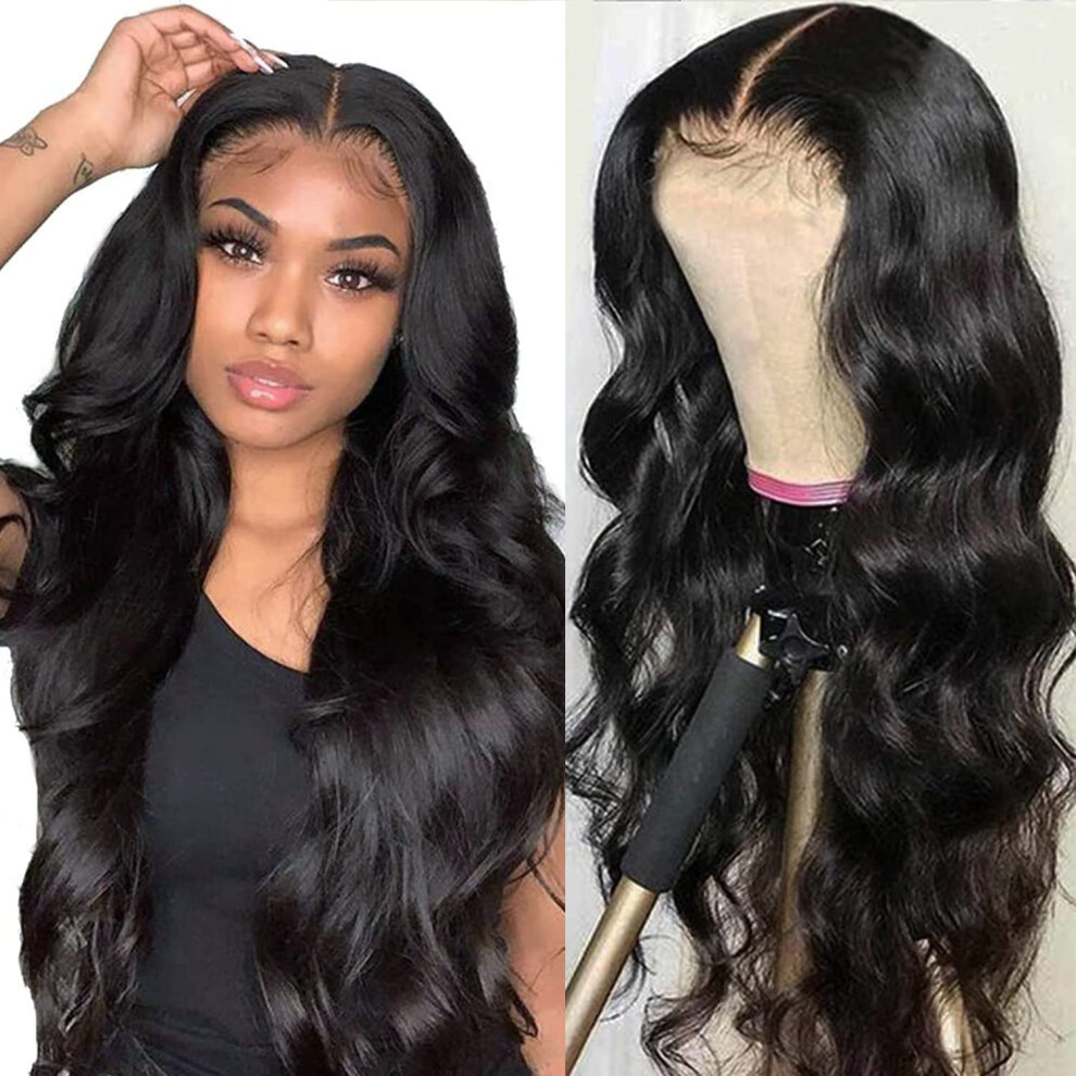 Unisex Black Brazilian Virgin Human Hair Bob Wig 13X1 PreâPlucked Lace Front For Women, 20 Inch Body Wave 150% Density