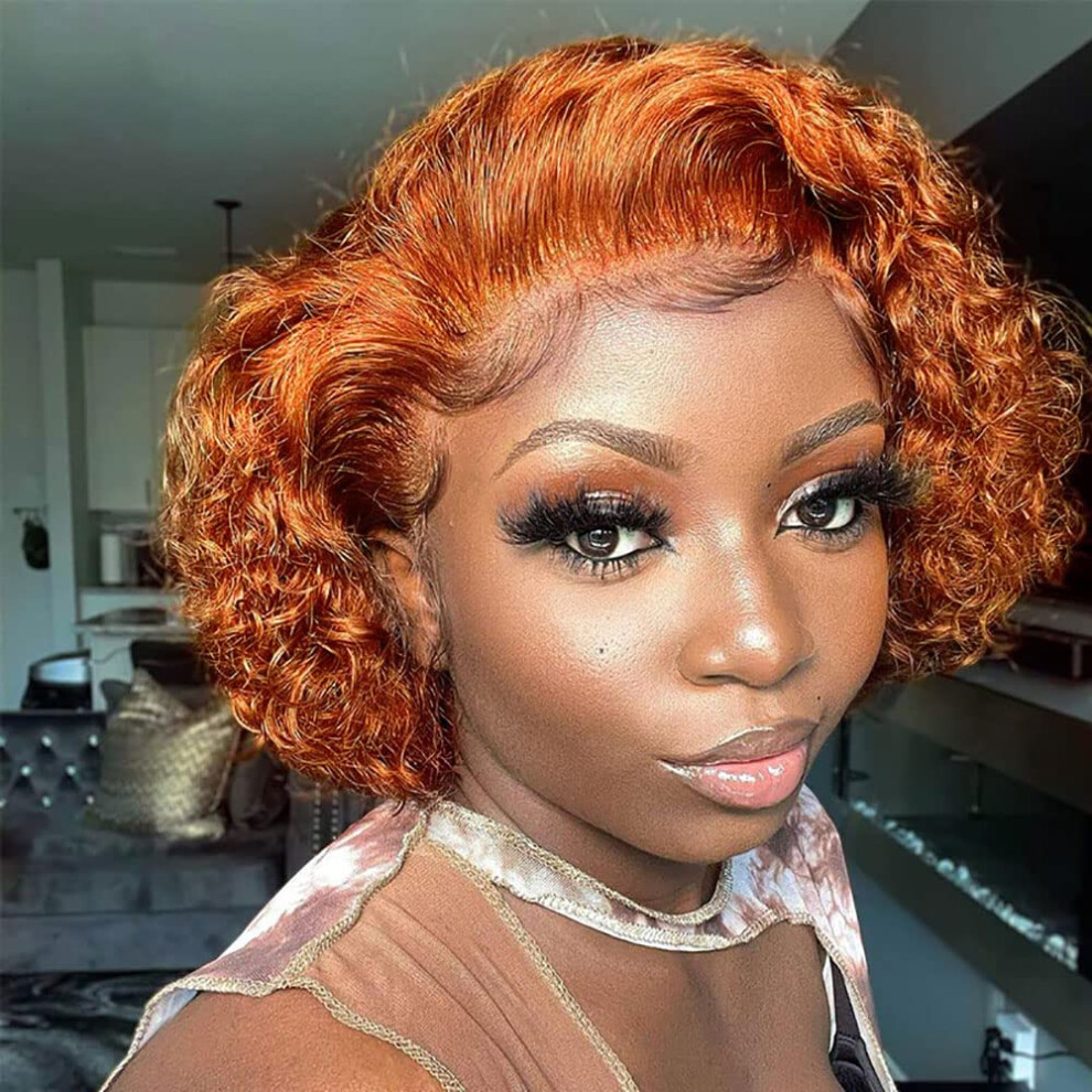 Unisex Orange,Black Pixie Cut Lace Front Wig 13X1 Short Curly Human Hair Bob For Black Women Orange 6 Inch