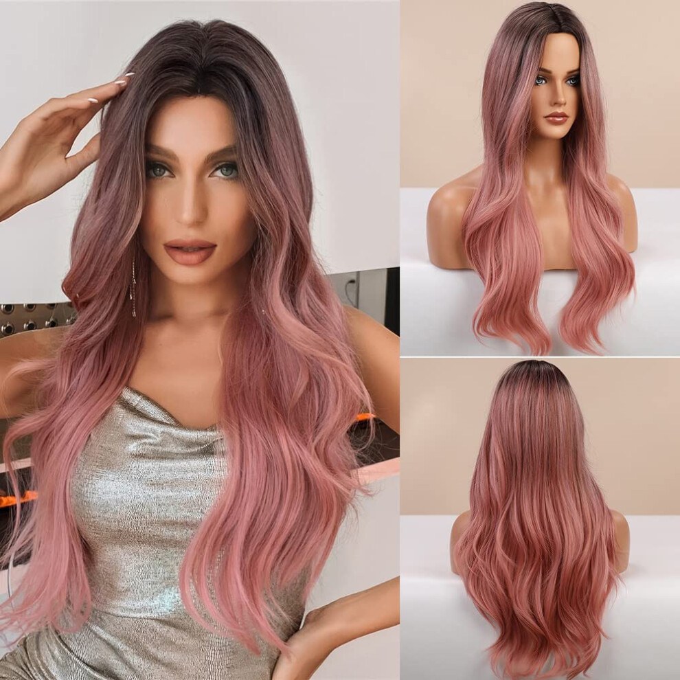 Long Wavy Wig with Bangs Ombre Pink Heat Resistant Synthetic Hair for Cosplay and Daily Wear
