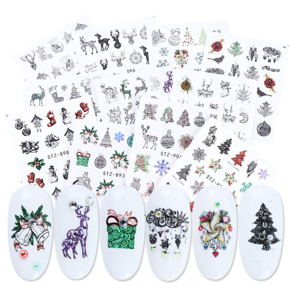 Christmas Nail Stickers 12 Sheets Easy Water Transfer Snowflake Snowman Holiday Nail Art Decals