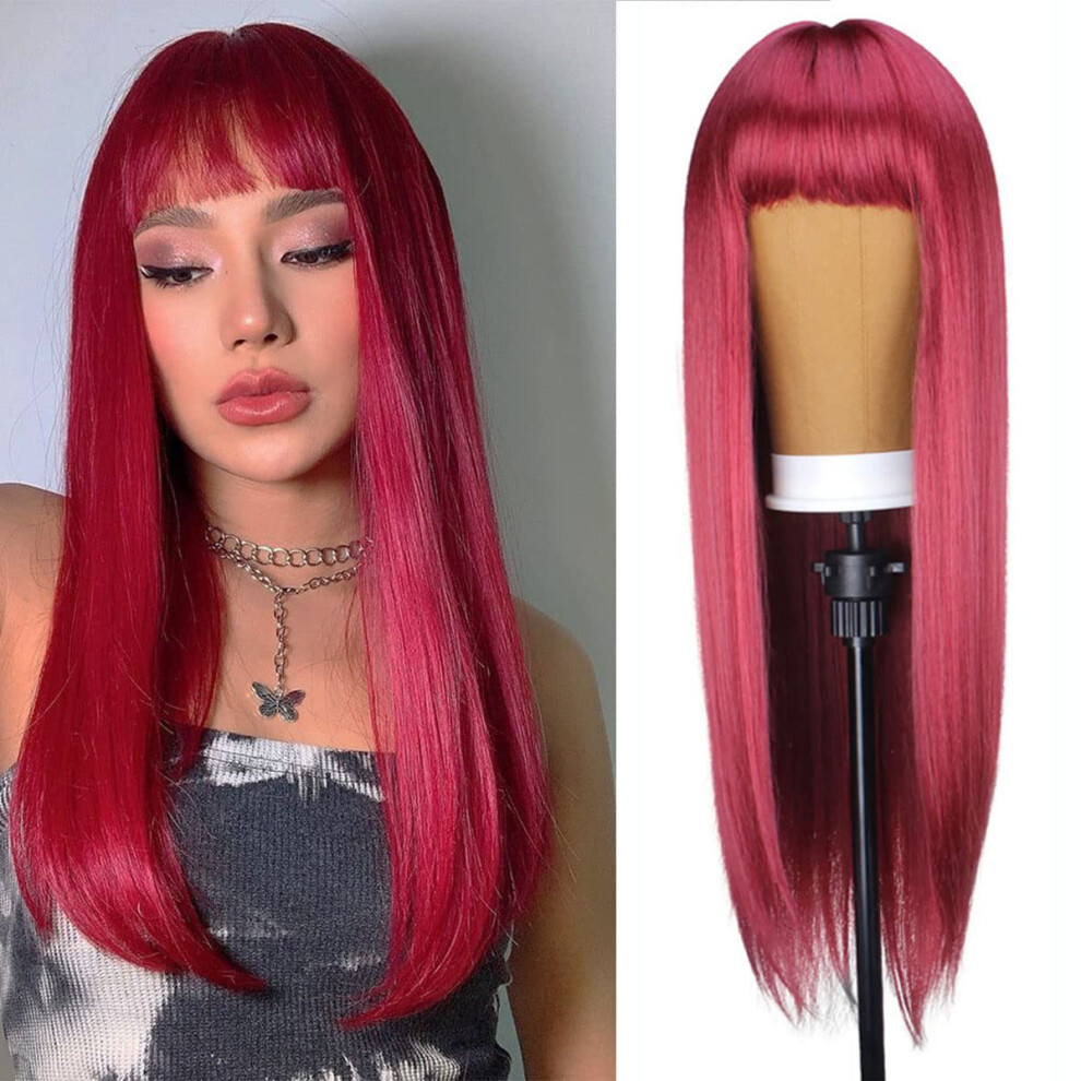 Unisex Red 26 Inch Wine Long Straight Wig With Bangs For Women, Heat Resistant Synthetic Hair, Natural Look