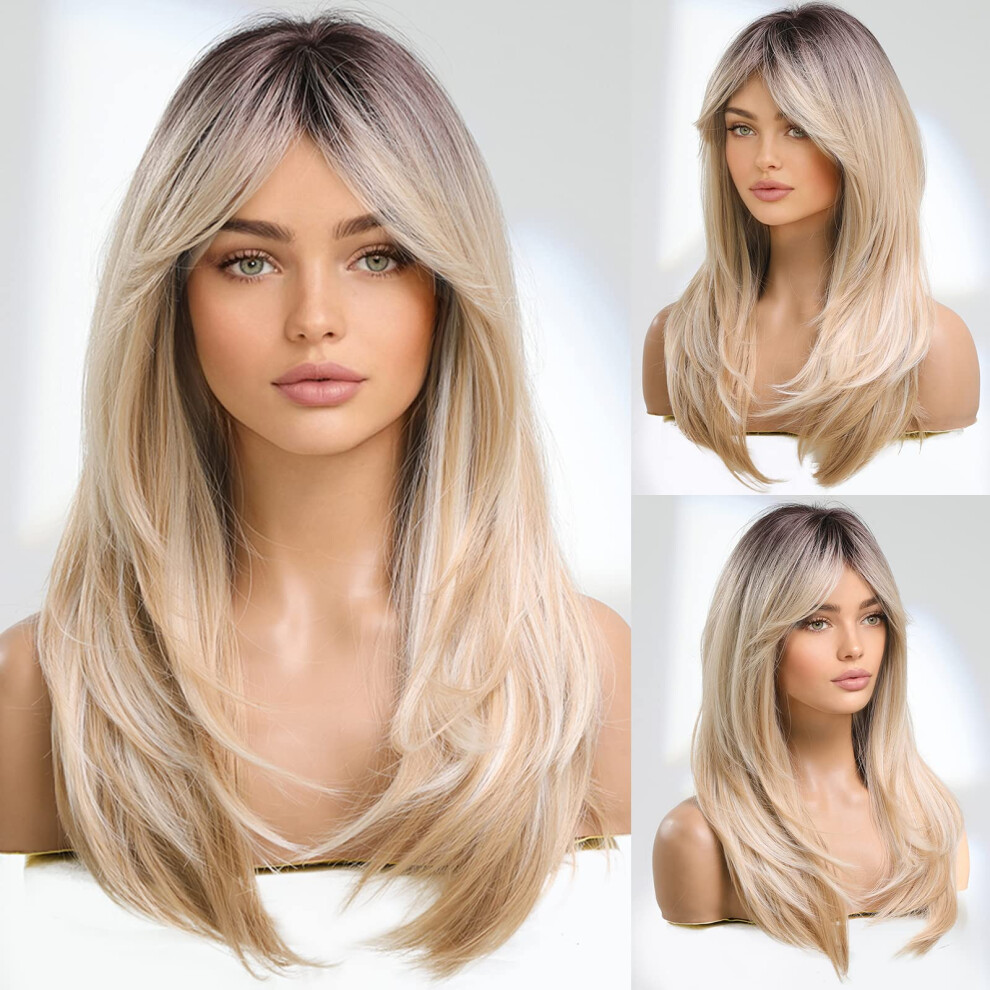 Women's Synthetic Wig Long Blonde with Bangs Layered Curls Dark Roots Heat Resistant 22 Inch