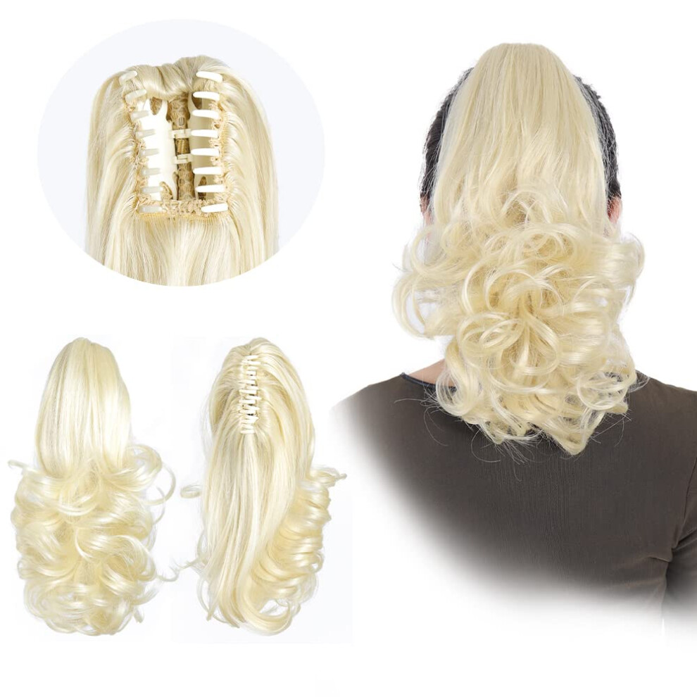 Unisex Clip In Ponytail Hair Extensions 12 Inch Bleach Blonde Wavy Curly Synthetic Claw Clip Hairpiece For Women