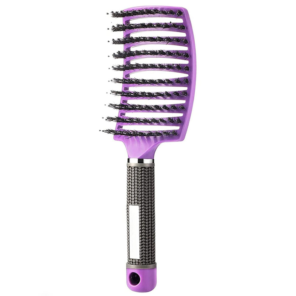 Purple Detangling Hair Brush With Boar Bristle And Nylon Pins, Curved Vented Design For Fast Drying And Gentle Knot Removal,