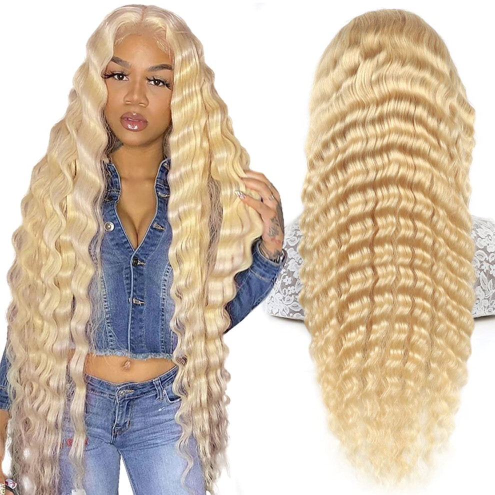 613 Deep Wave Wig 26 Inch Blonde Lace Front Brazilian Remy Human Hair with Baby Hair