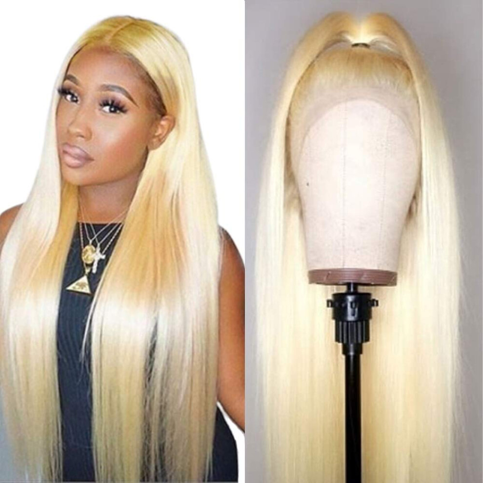 Unisex 613 Blonde 12 Inch Brazilian Remy Straight Lace Front Human Hair Wig Glueless Pre Plucked Baby Hair