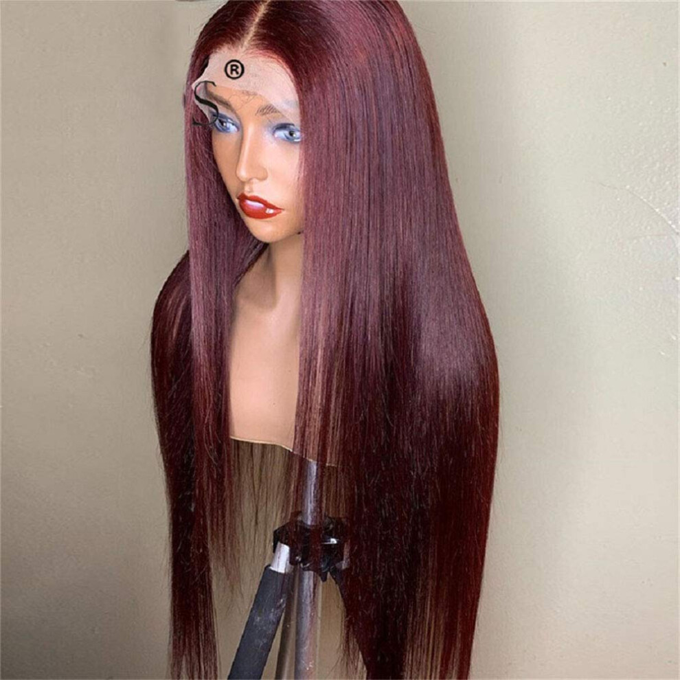 Unisex Red Brazilian Remy Human Hair Wig 24 Inch 99J Burgundy Straight Lace Front Pre Plucked Natural Hairline
