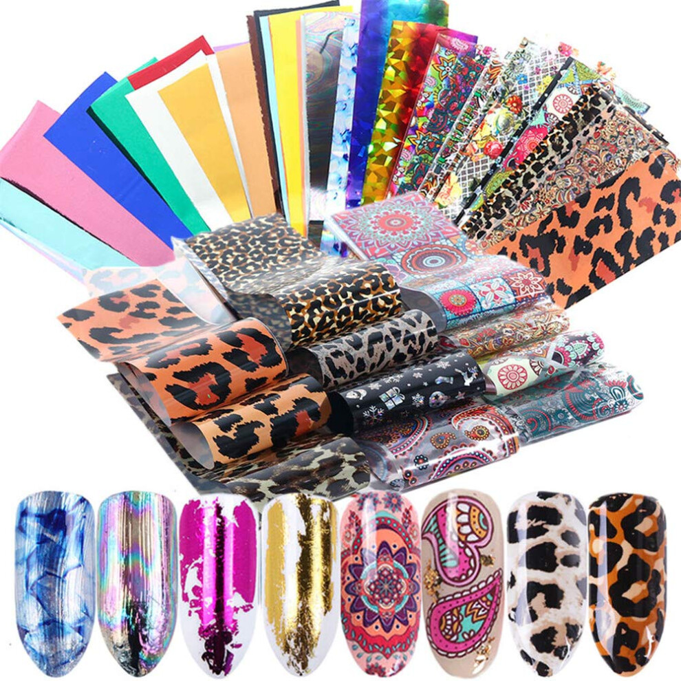 50pcs Holographic Nail Foil Stickers Laser Leopard Flower Starry Sky Set for LongLasting Shine