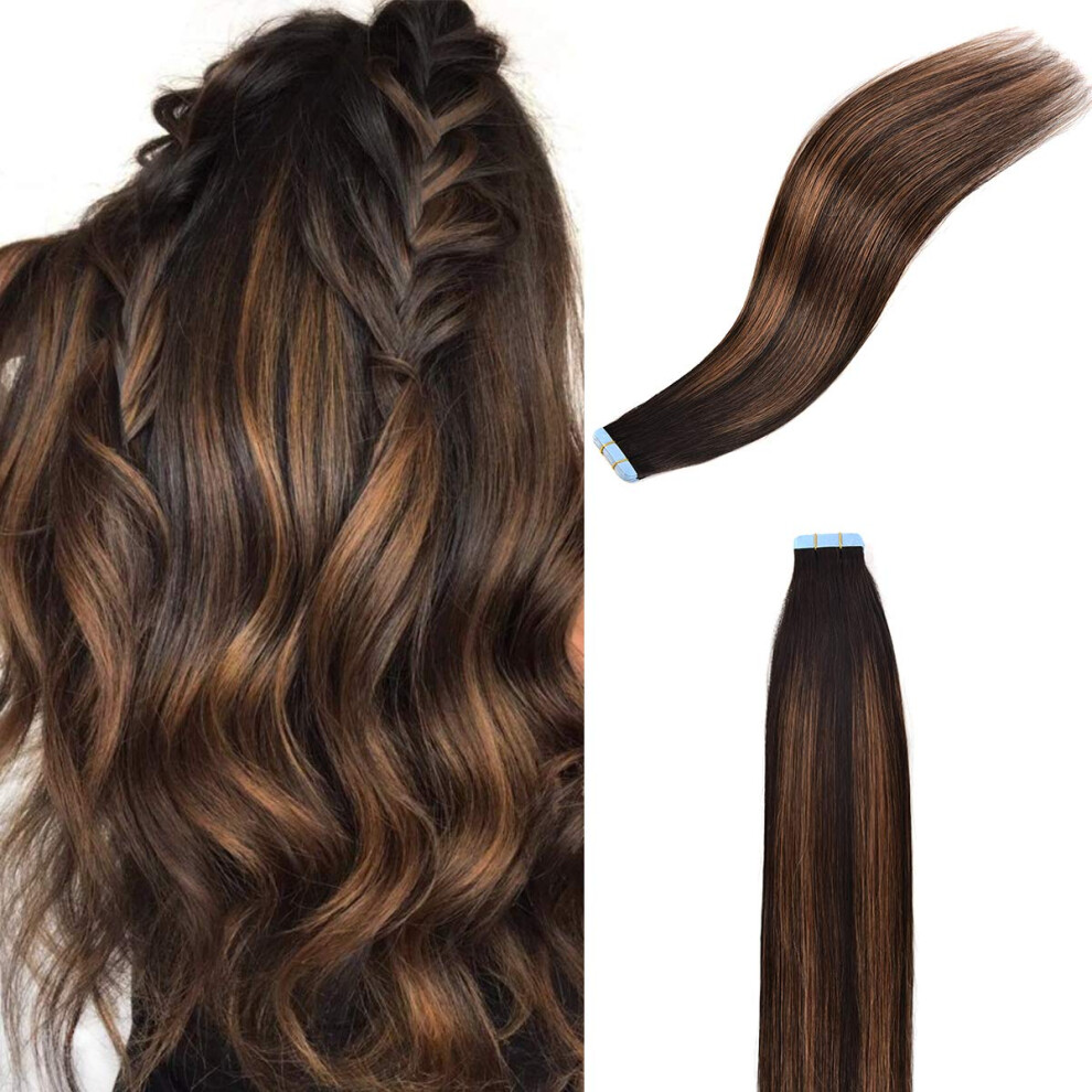 Unisex Black,Brown 16 Inch Tape In Remy Human Hair Extensions Natural Black Mixed Chestnut Brown Silky Straight Seamless