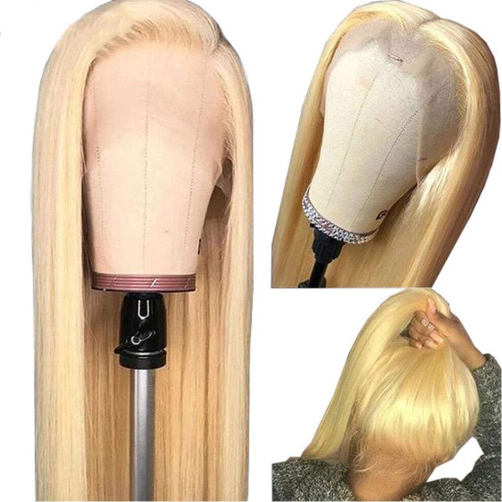 Unisex 24 Inch 613 Honey Blonde Brazilian Remy Lace Front Human Hair Wig Pre Plucked Glueless Adjustable Cap