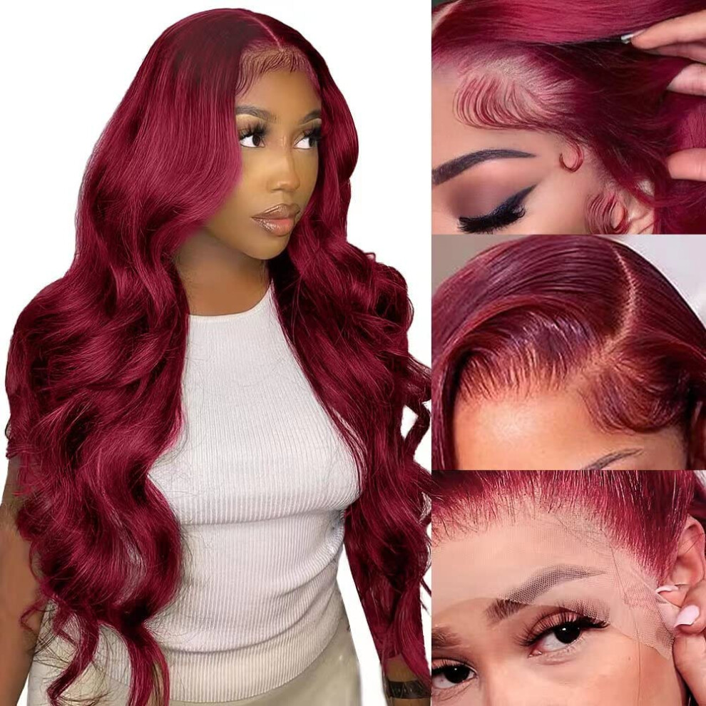 Unisex Red 28 Inch Burgundy Lace Front Wig Human Hair 99J Body Wave With Hd Lace Pre Plucked Bleached Knots