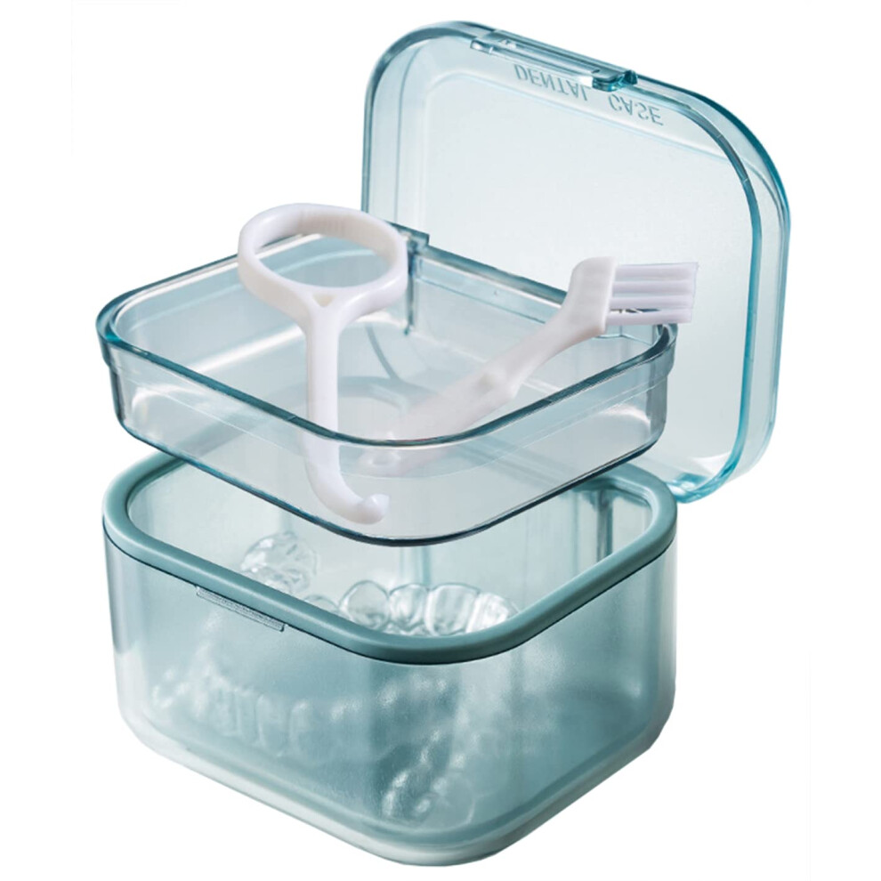 Blue Retainer Case With Strainer Basket, Travel Denture Bath Box And Mouth Guard Cleaner Cup,