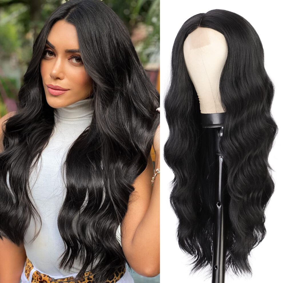 Unisex Black Long Wavy Wig For Women Heat Resistant Synthetic Middle Part Natural Body Wave For Daily Wear