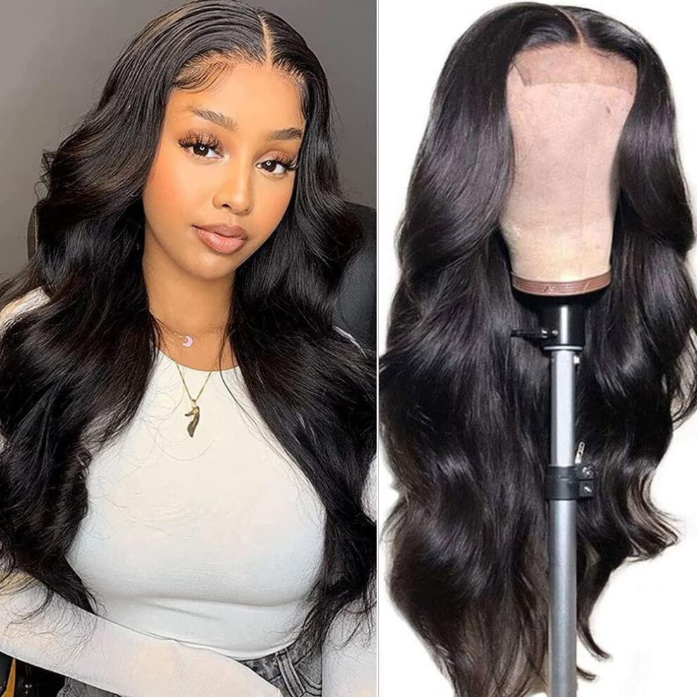 Unisex Black Human Hair Lace Front Wig 4X4 Lace Closure Brazilian Body Wave Glueless Pre Plucked 150% Density