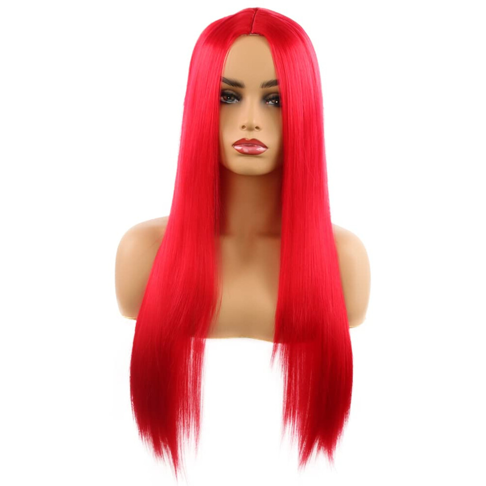Wine Red 28 Inch Long Straight Wig for Women Middle Part Synthetic Hair for Cosplay and Daily Wear